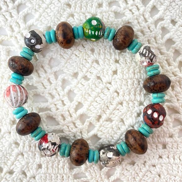 Turquoise Wood Beaded Stretch Bracelet - Picture 2 of 3